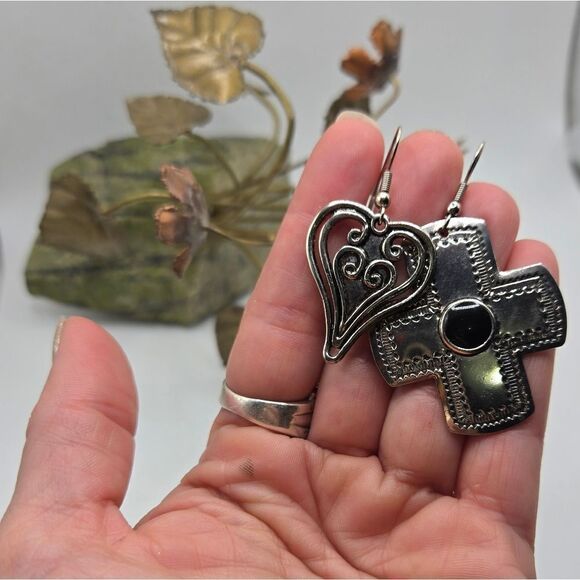 "5/$25" Mismatched Silvertone Lightweight Cross & Heart Dangle Earrings - Picture 2 of 5